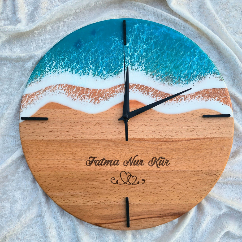 Epoksi Ahşap Duvar Saati Kişiye Özel Epoksi Okyanus Dalga Saat