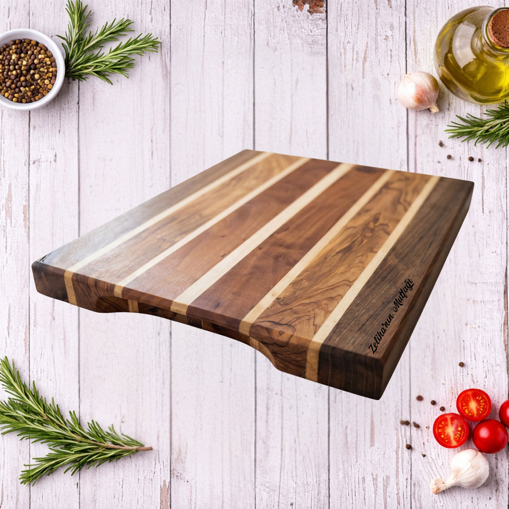 Özel Kesme Tahtası 38×28×2 cm Şerit Desenli Ahşap Sunum Tahtası