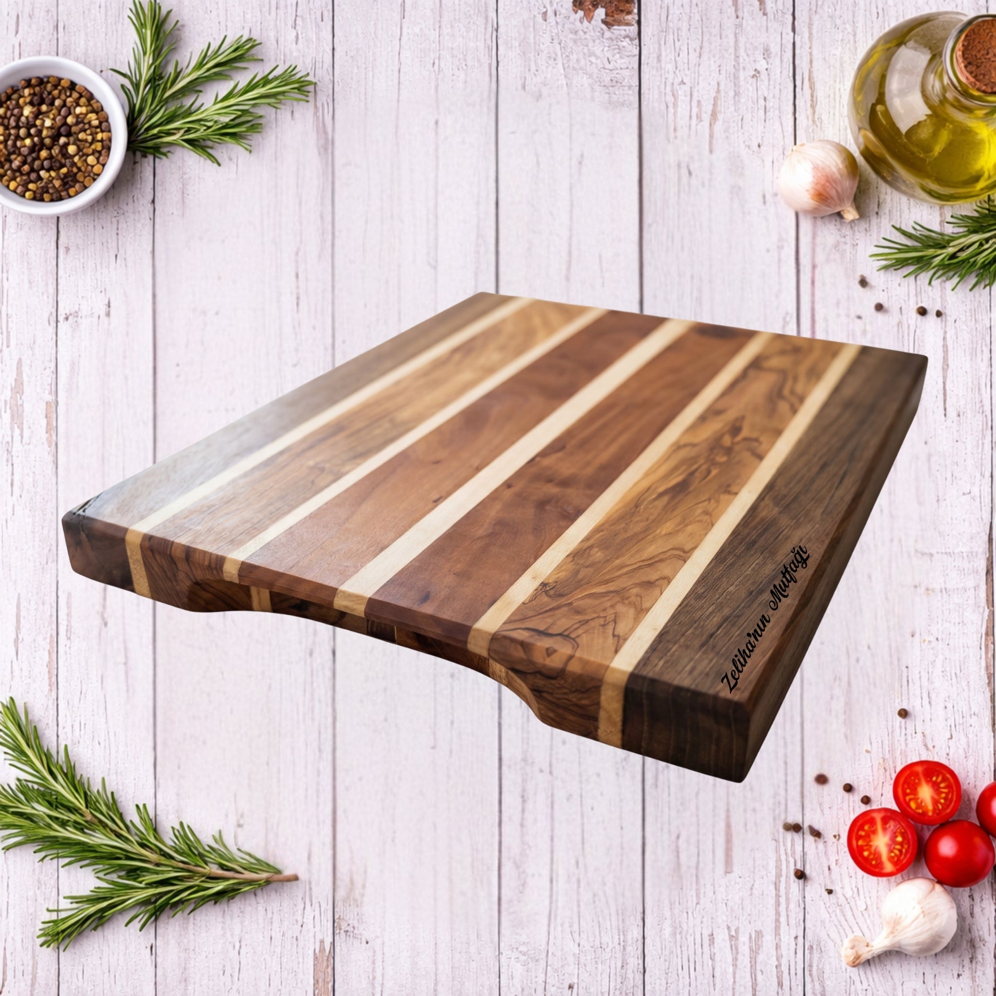 Özel Kesme Tahtası 38×28×2 cm Şerit Desenli Ahşap Sunum Tahtası