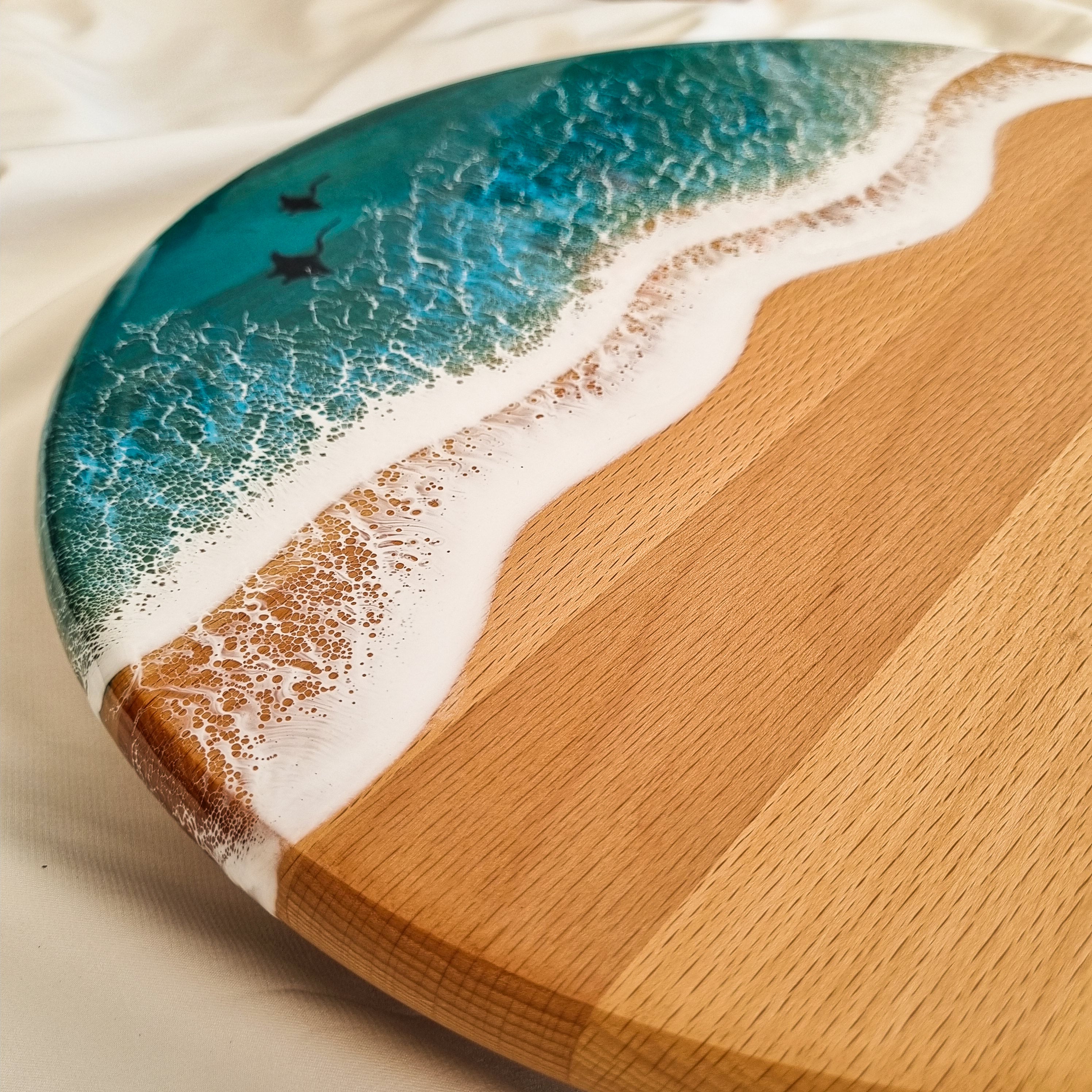 Kişiye Özel Döner Servis Tablası Okyanus Desenli Yuvarlak Ahşap Sunum Standı (360°)