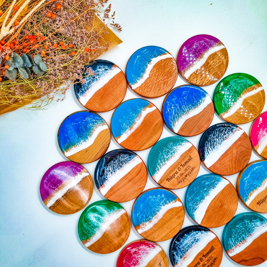 Kişiye Özel Epoksi Dalga Desenli Ahşap Bardak Altlığı