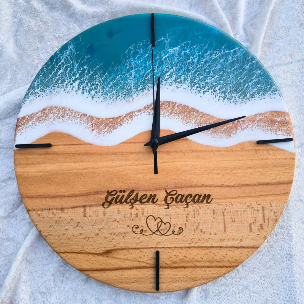 Epoksi Ahşap Duvar Saati Kişiye Özel Epoksi Okyanus Dalga Saat