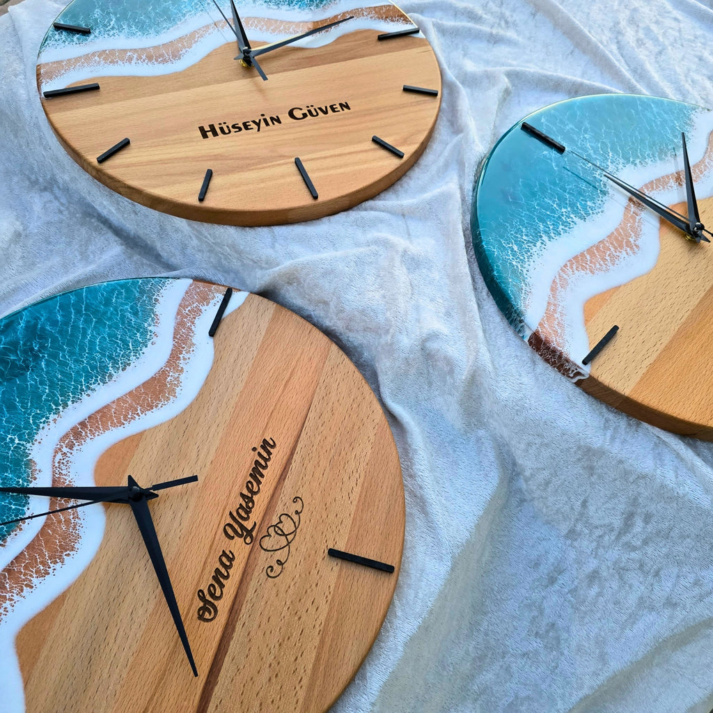 Epoksi Ahşap Duvar Saati Kişiye Özel Epoksi Okyanus Dalga Saat