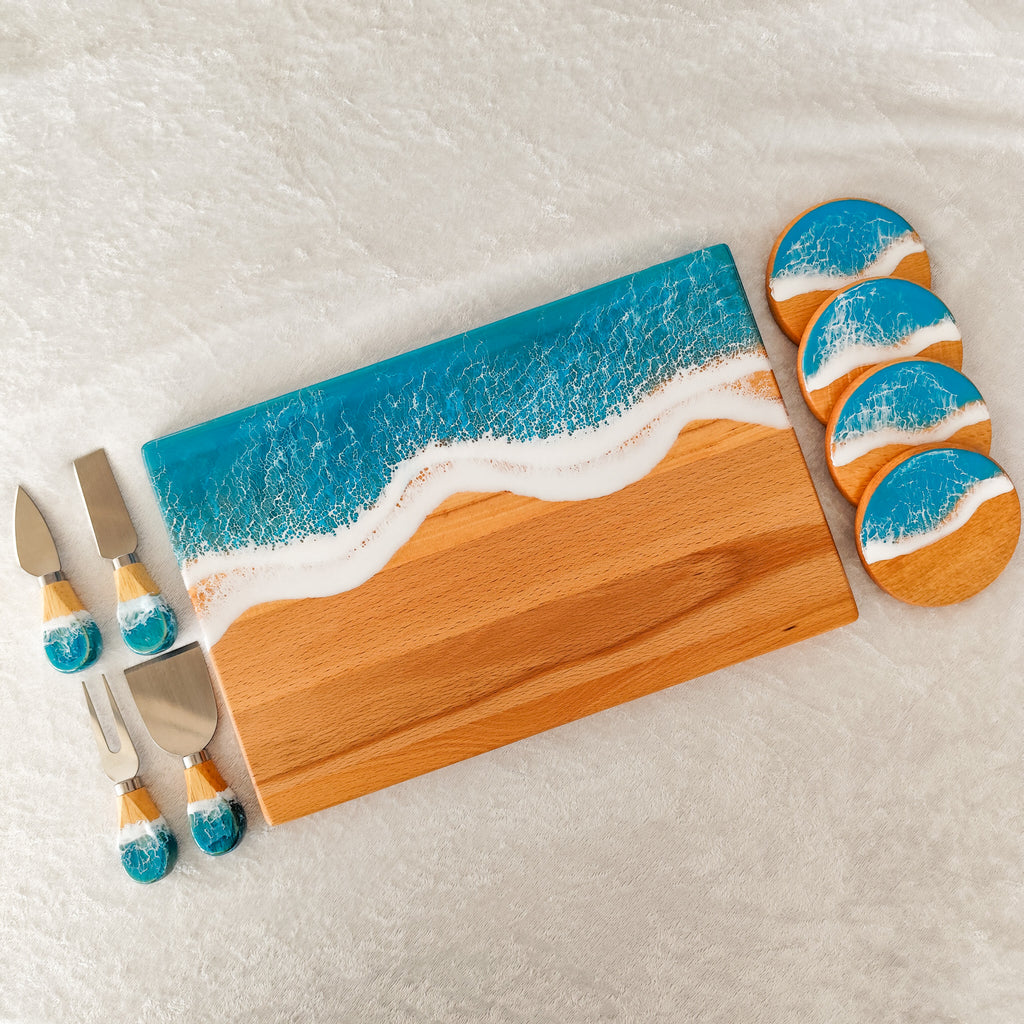 Kişiye Özel Turkuaz Epoksi Okyanus Dalga Hediyelik Sunum Tahtası Seti