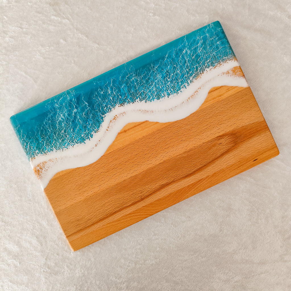 Kişiye Özel Turkuaz Epoksi Okyanus Dalga Hediyelik Sunum Tahtası Seti