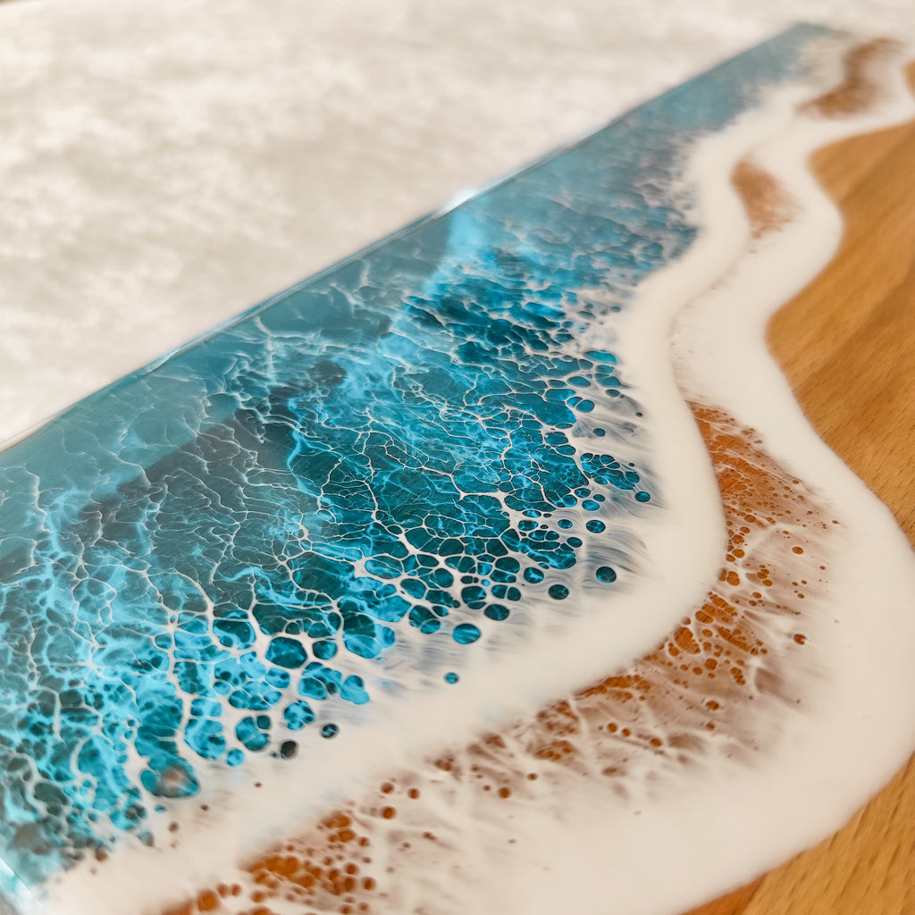 Kişiye Özel Turkuaz Epoksi Okyanus Dalga Hediyelik Sunum Tahtası Seti