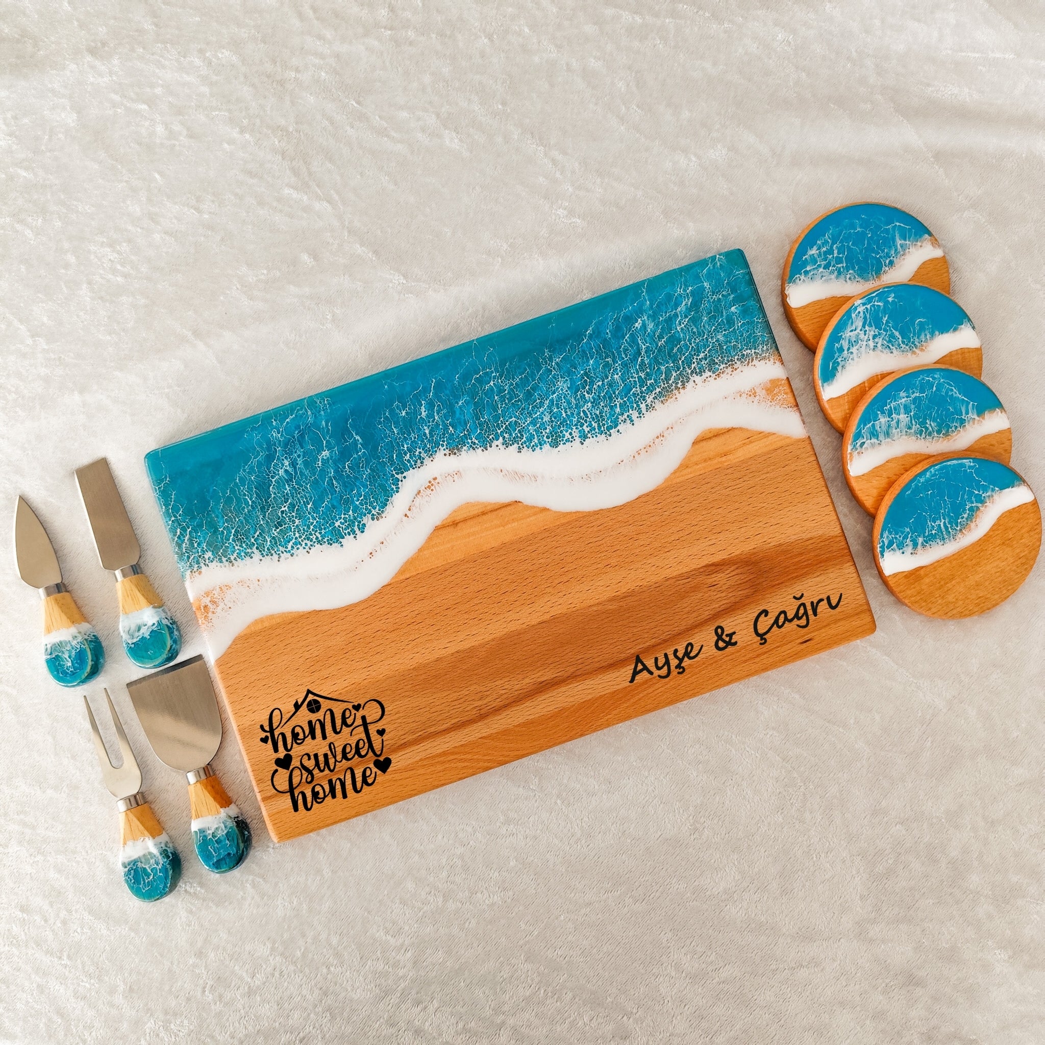 Kişiye Özel Turkuaz Epoksi Okyanus Dalga Hediyelik Sunum Tahtası Seti