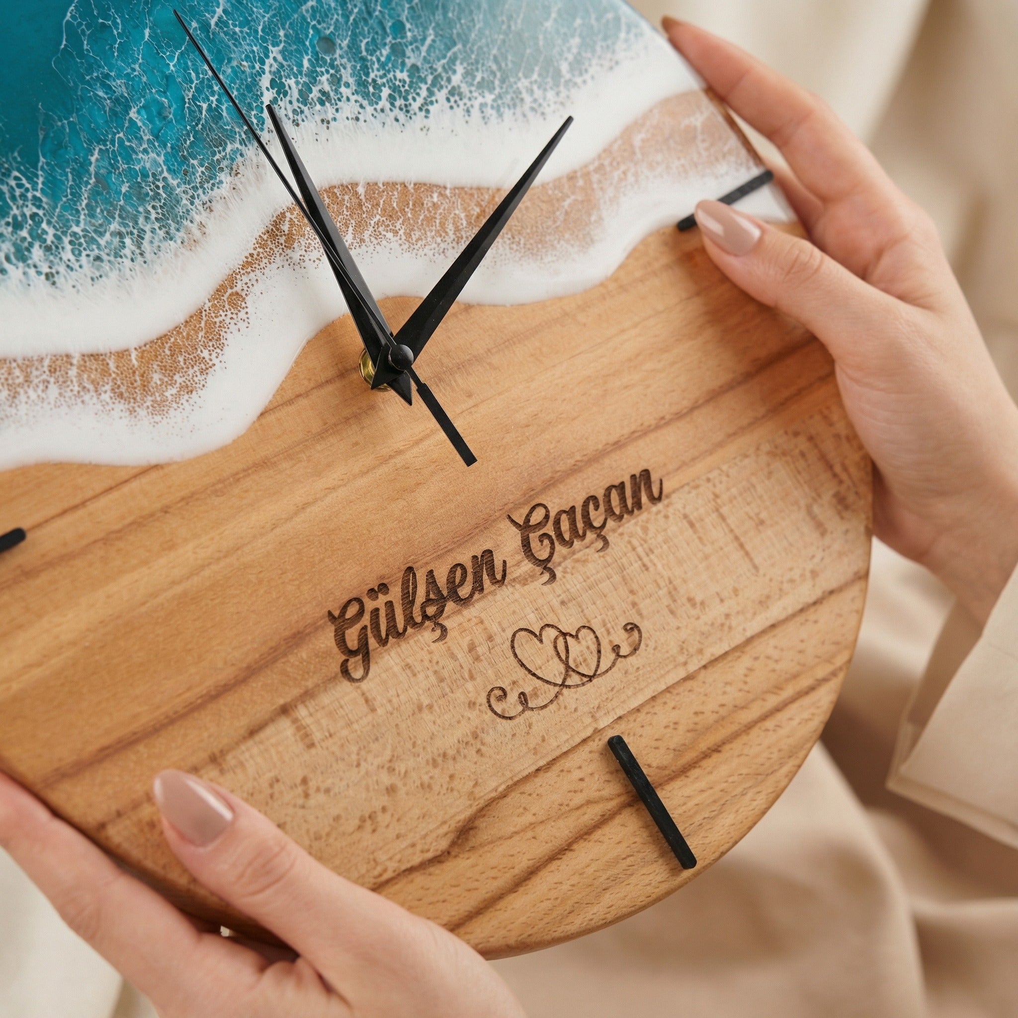 Epoksi Ahşap Duvar Saati Kişiye Özel Epoksi Okyanus Dalga Saat