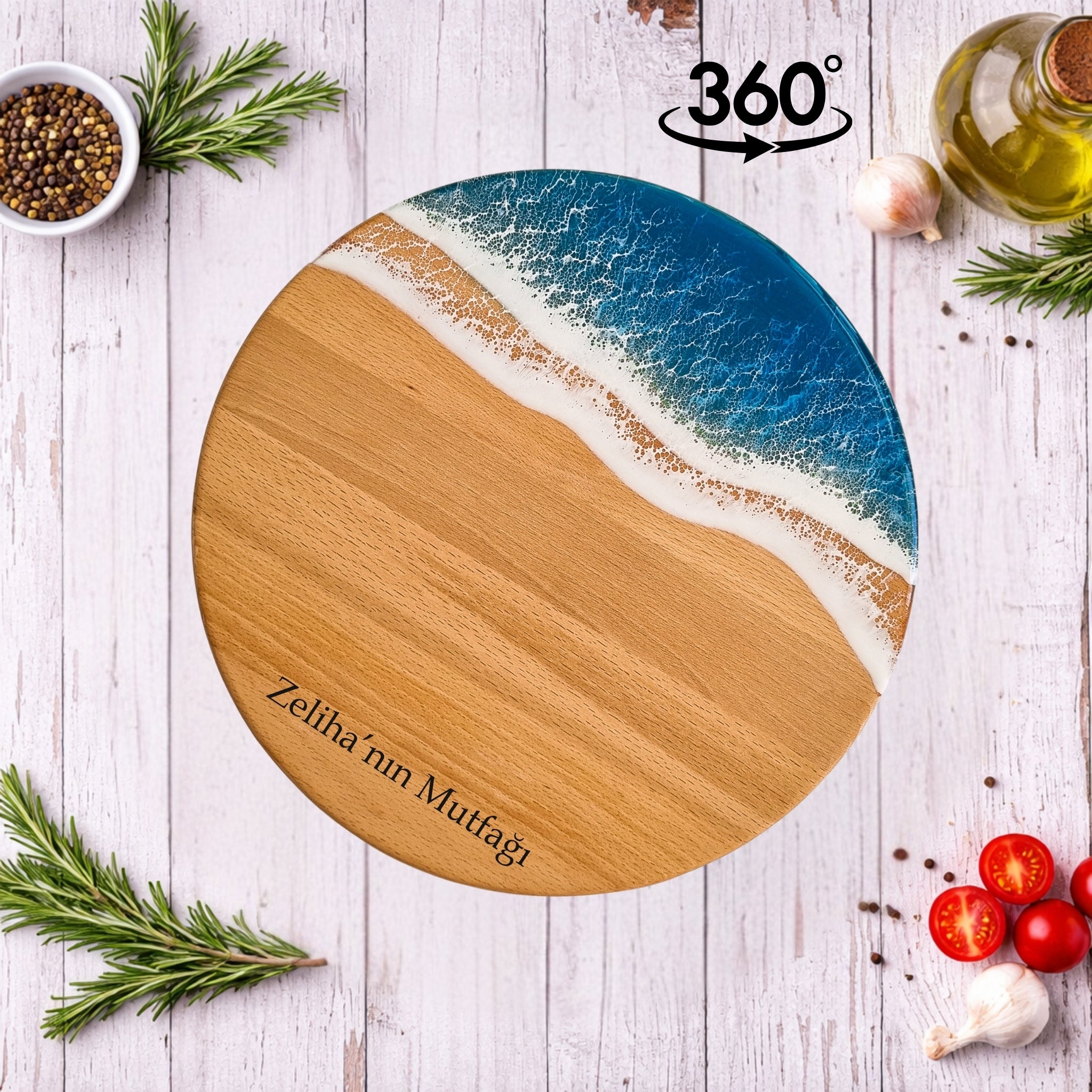 Kişiye Özel Döner Servis Tablası Okyanus Desenli Yuvarlak Ahşap Sunum Standı (360°)