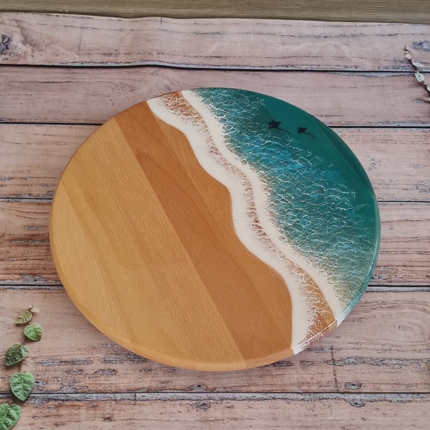 Kişiye Özel Döner Servis Tablası Okyanus Desenli Yuvarlak Ahşap Sunum Standı (360°)